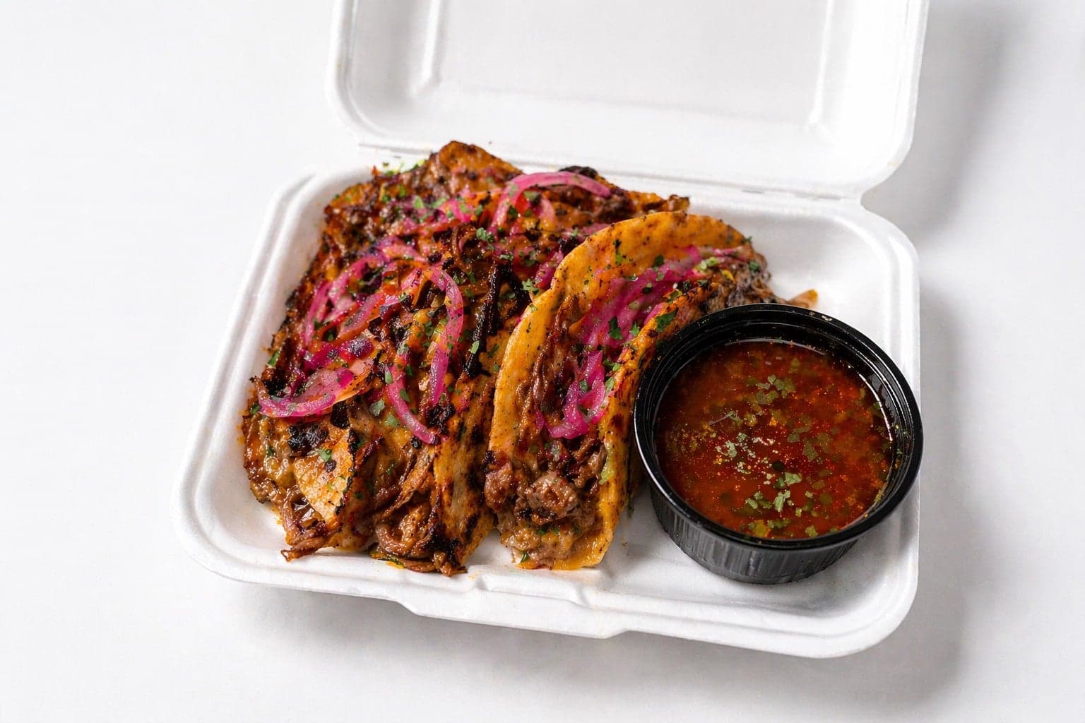 Three birria tacos topped with pickled red onion and coriander, with a pot of consommé
