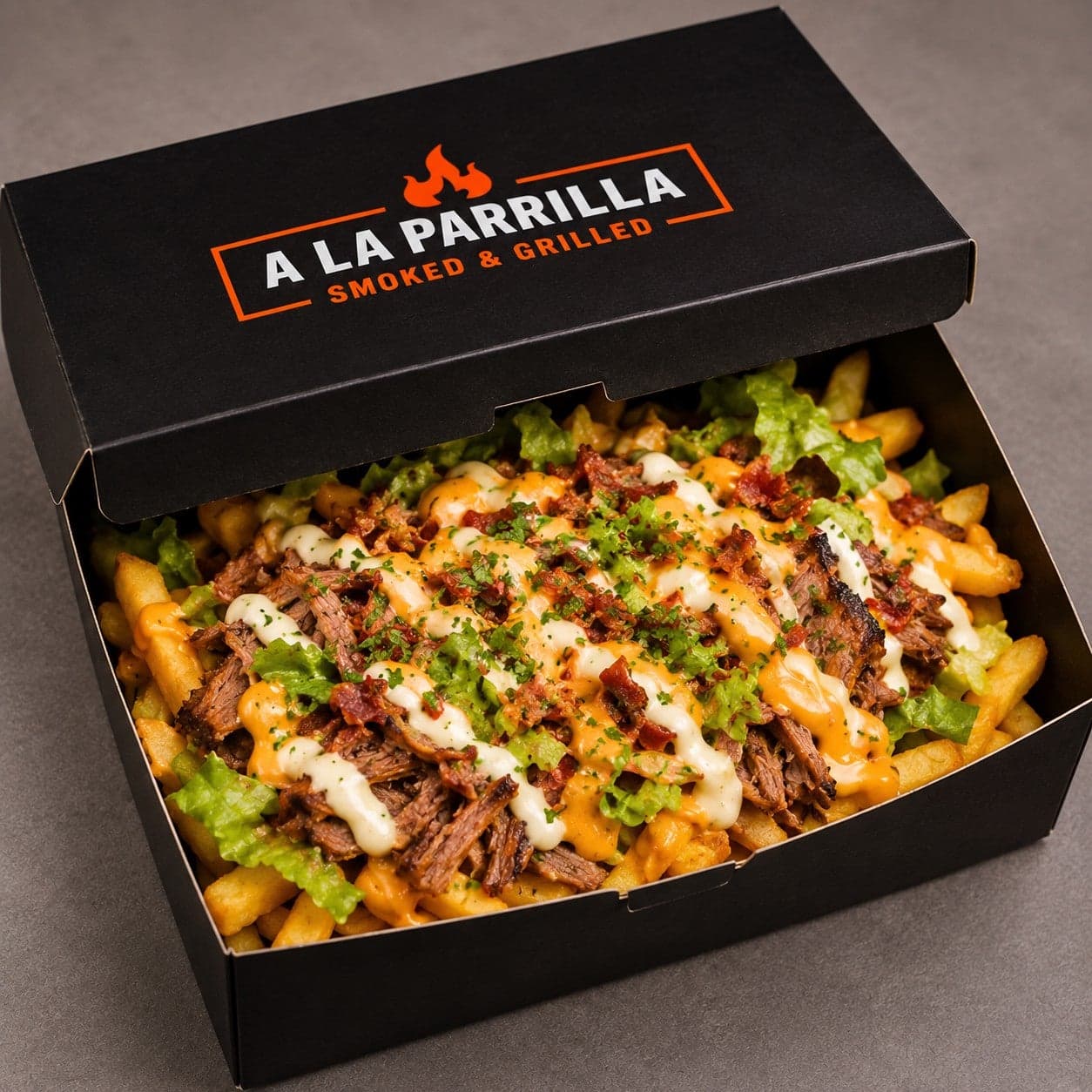 Brisket Loaded Fries — fries buried under chopped smoked brisket and house sauce