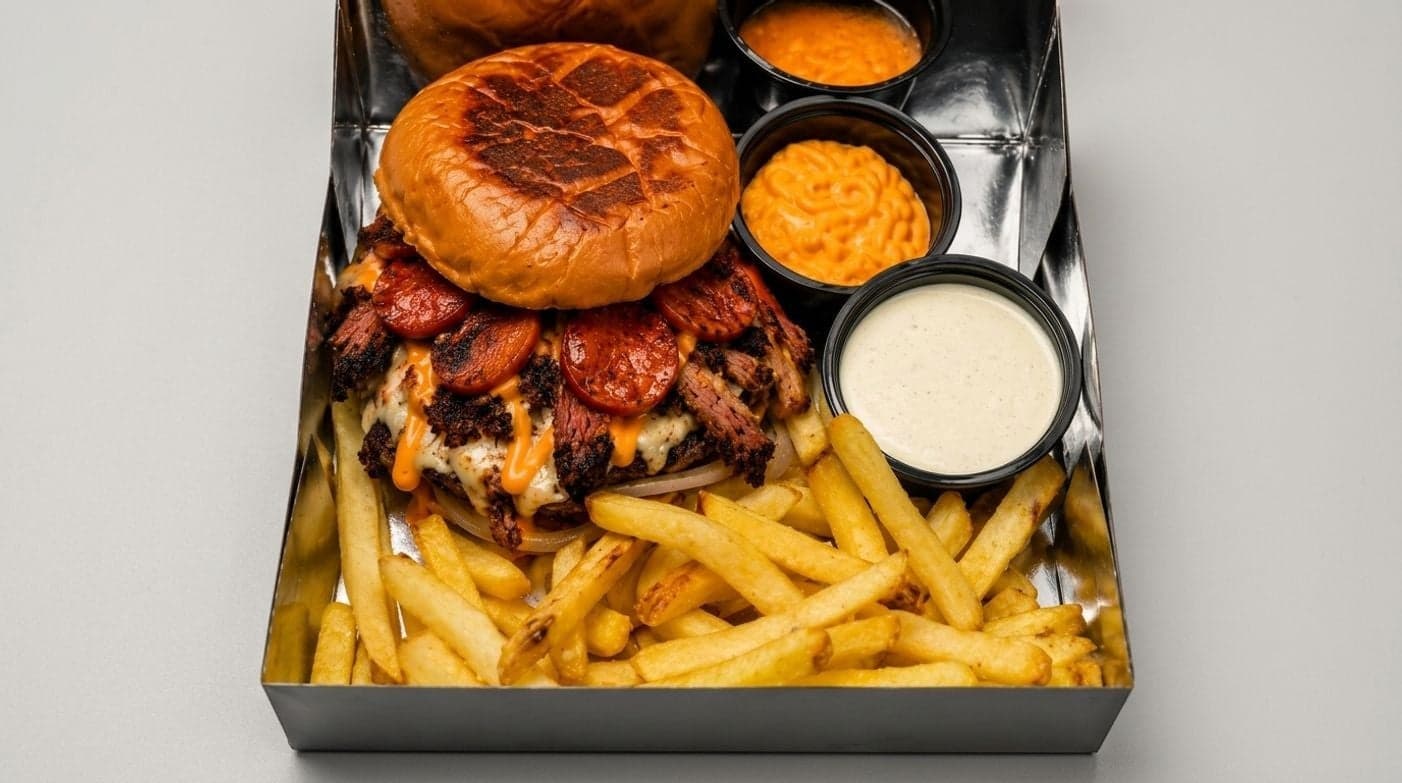 The A La Parrilla Special Burger, stacked with smoked meat, melted cheese and sauce
